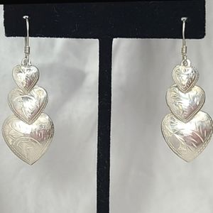 Brilliant Sterling Silver .925 Three Heart Vintage Dangle Earrings Western